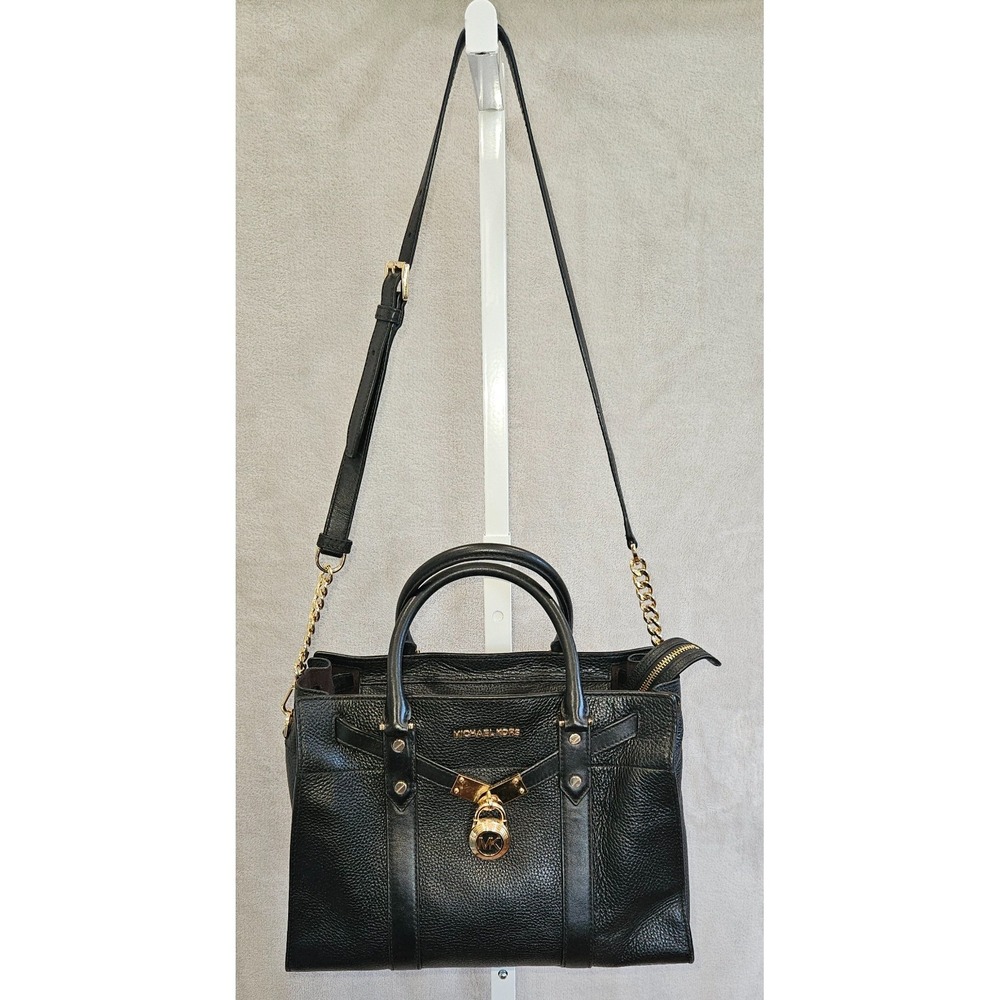 Michael Kors Hamilton Large Black Pebbled Satchel Zip Gold Hardware Padlock